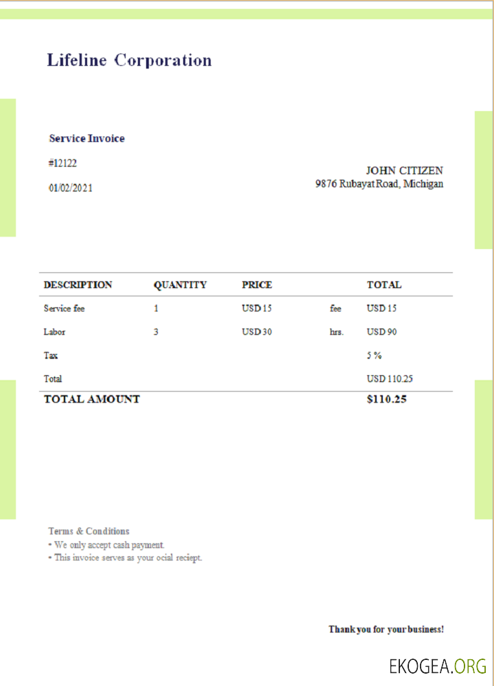 Modèle de facture USA Lifeline Corporation au format Word et PDF, entièrement modifiable, version 1
